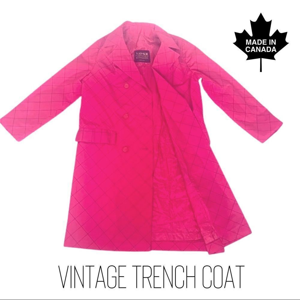 Vintage Hot Pink Trench Coat Double Breasted Windowpane Plaid made in Canada M